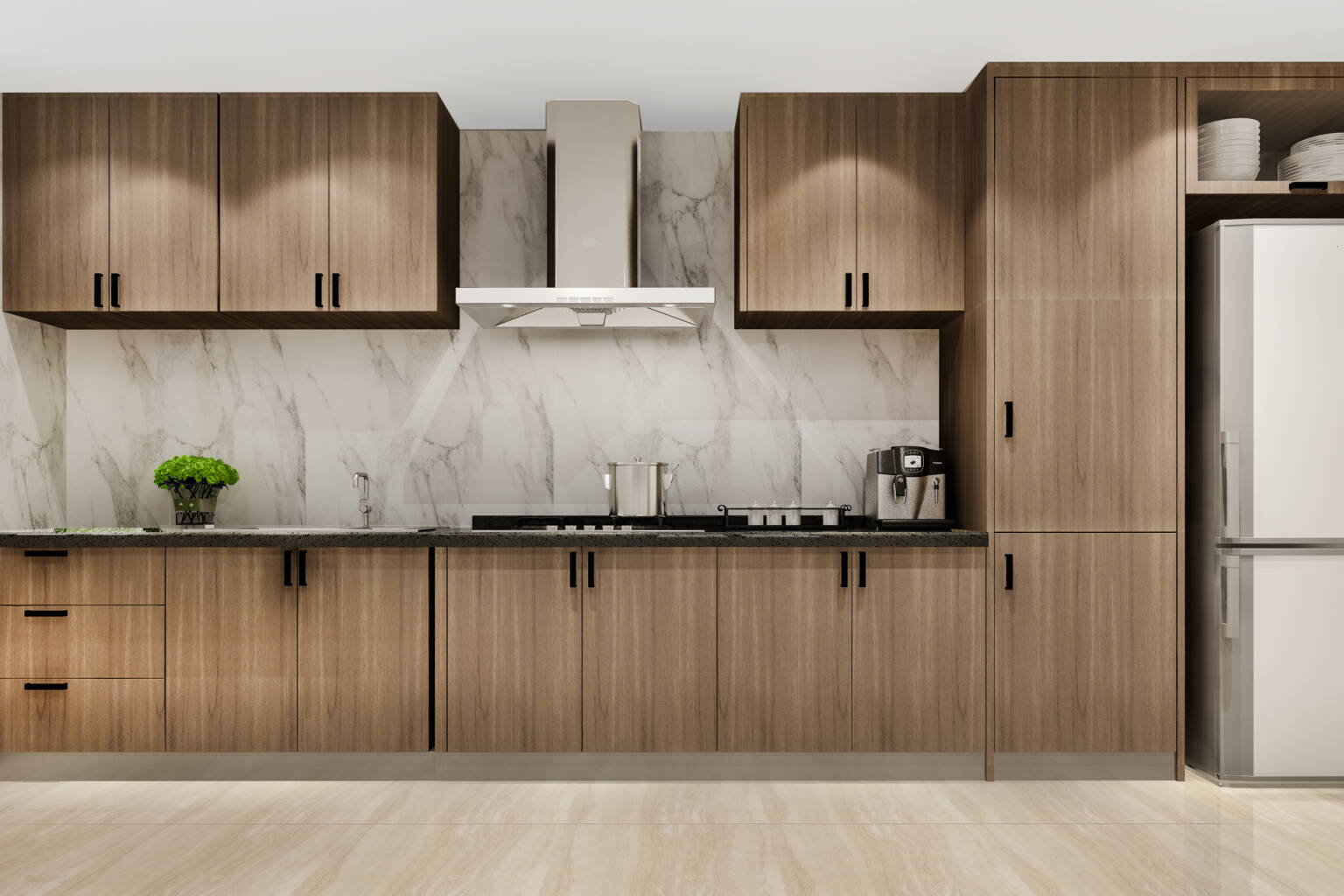 White minimal melamine kitchen with wood decoration
