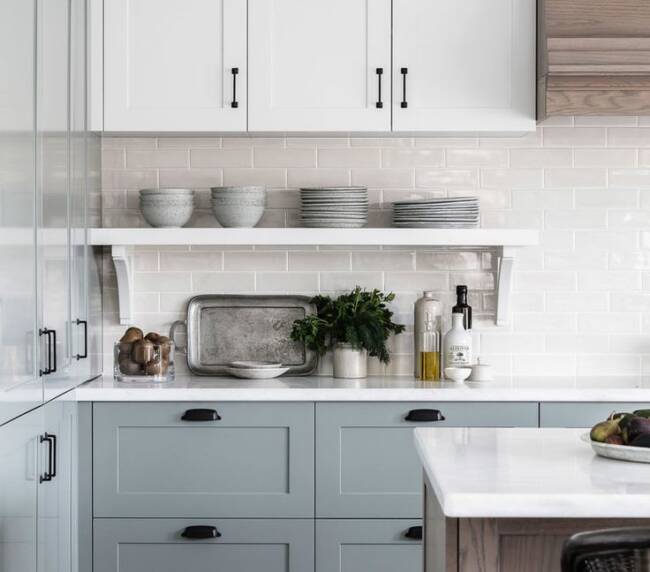 white & blue kitchen cabinets