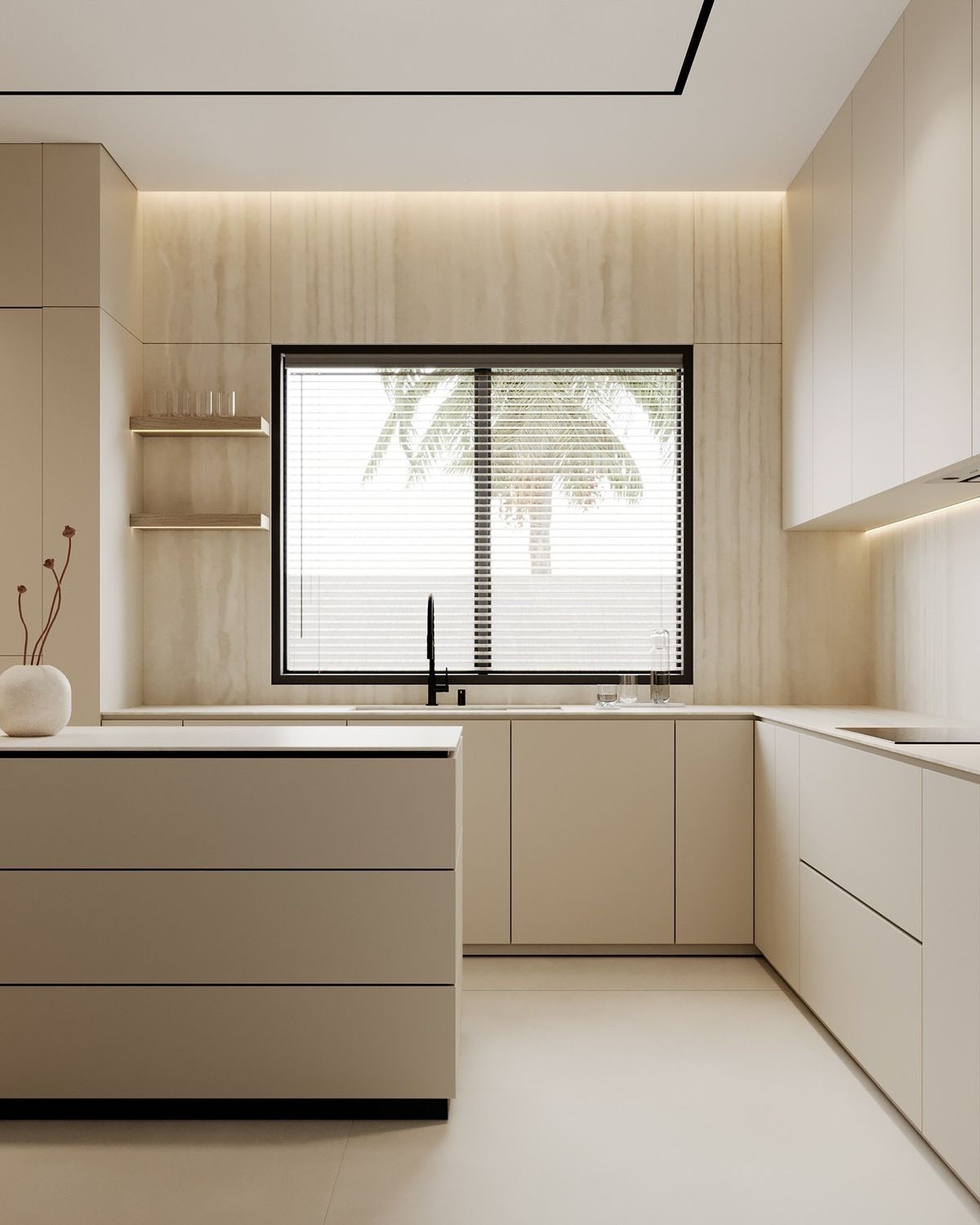 Creamy style kitchen cabinet design beige soft tones