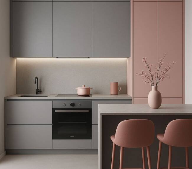 grey & pink kitchen cabinets