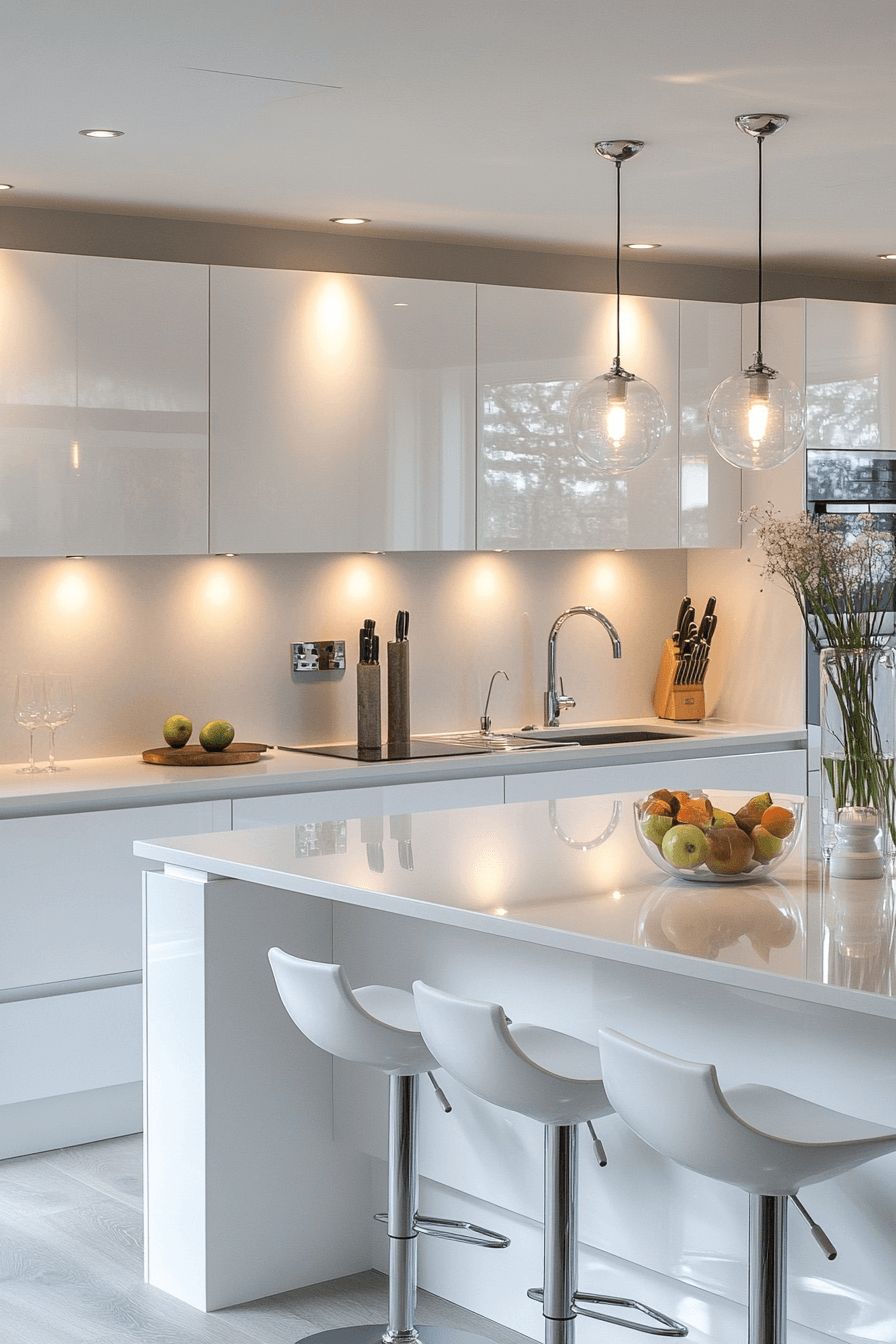High gloss kitchen cabinet reflective surface