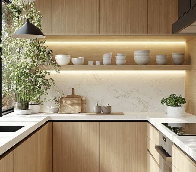 warm woodgrains kitchen cabinet