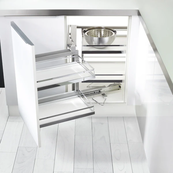 Magic corner pull-out system for blind corner kitchen cabinet