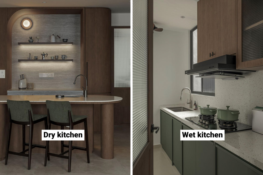 Kitchen with warm wood cabinetry and earth tone countertops — earth and wood elements in Feng Shui