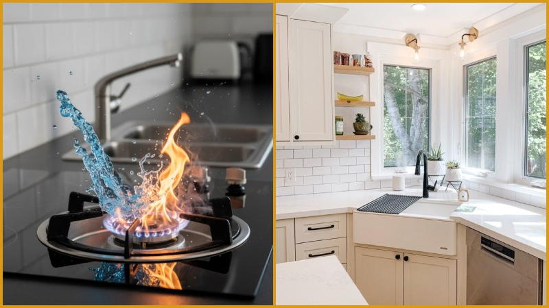 Diagram showing feng shui stove and sink placement — fire versus water conflict