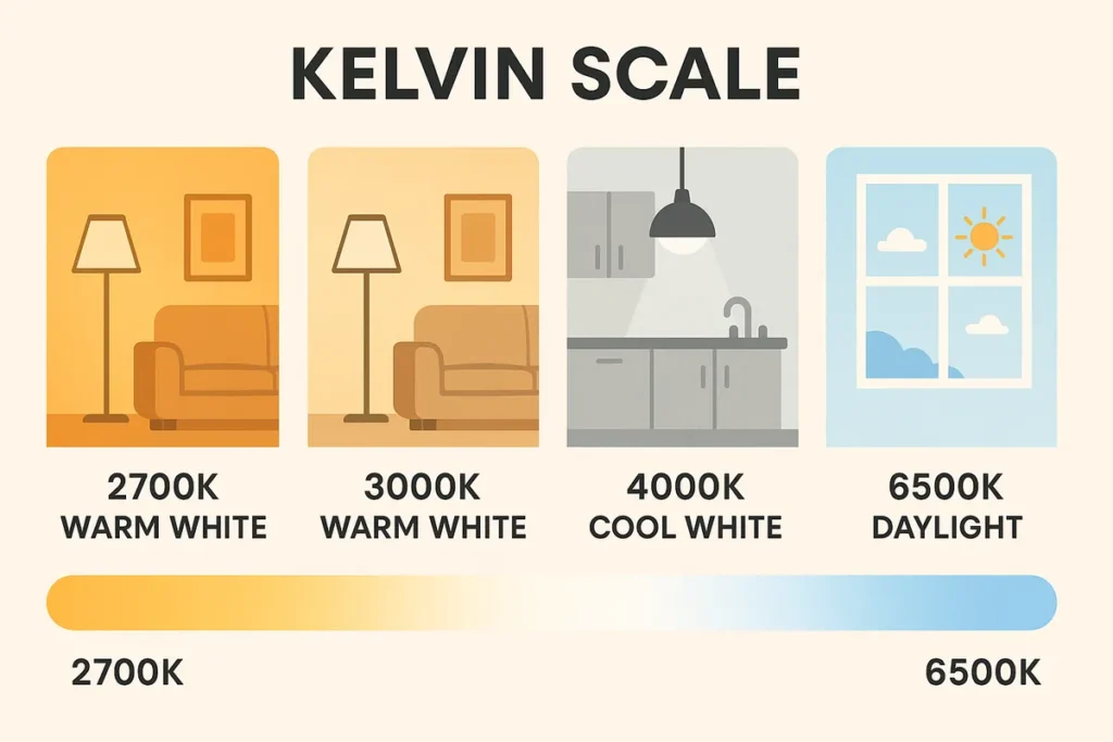 Kelvin colour temperature scale infographic showing warm white to cool daylight for kitchen lighting