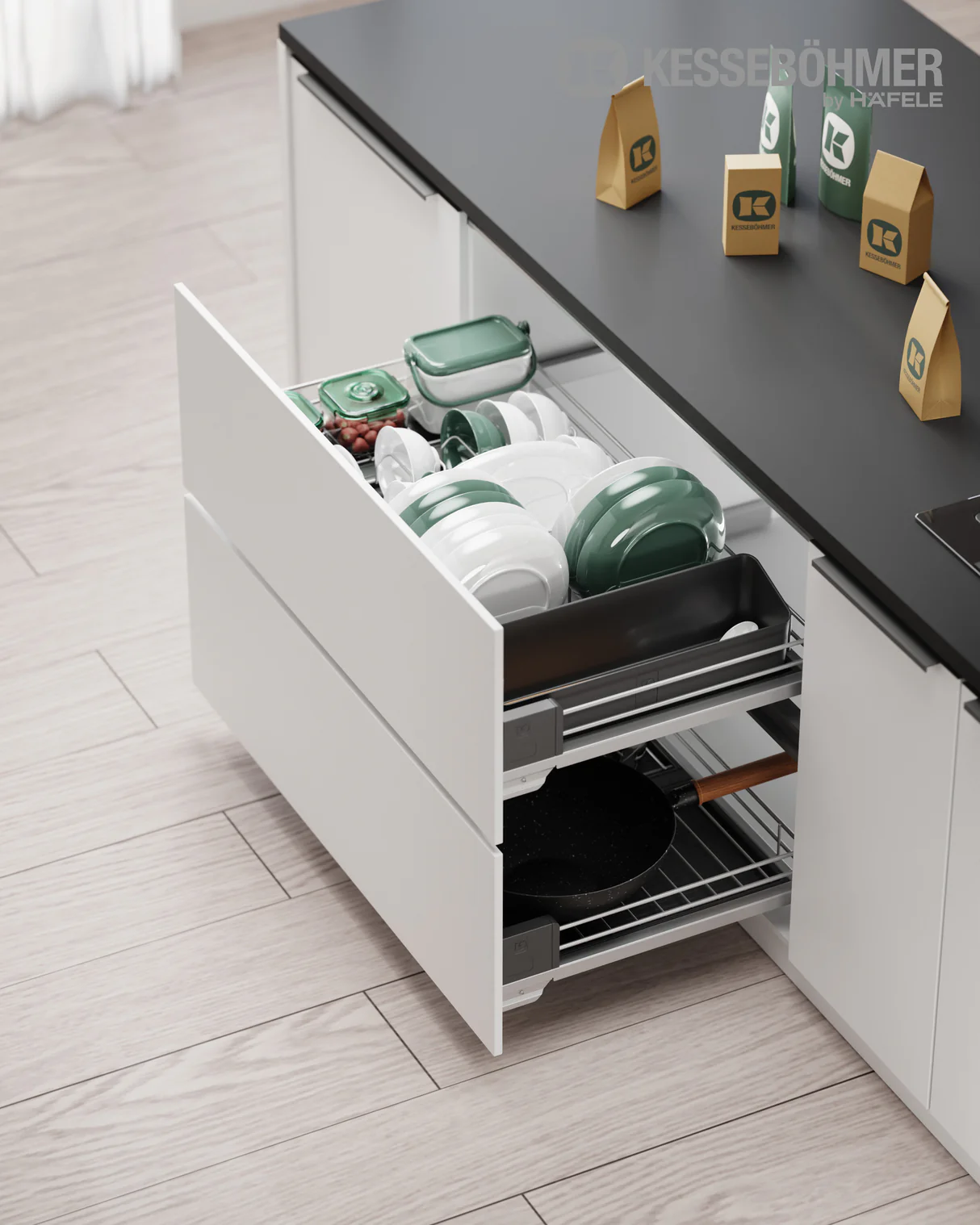 Pull-out drawer system in base kitchen cabinet Malaysia