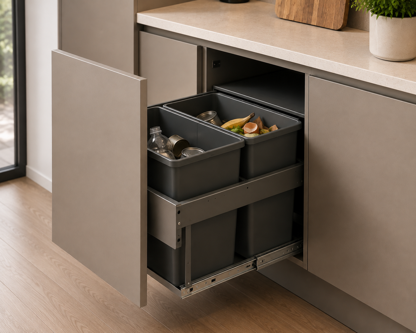 Pull-out bin system inside kitchen base cabinet dual bin