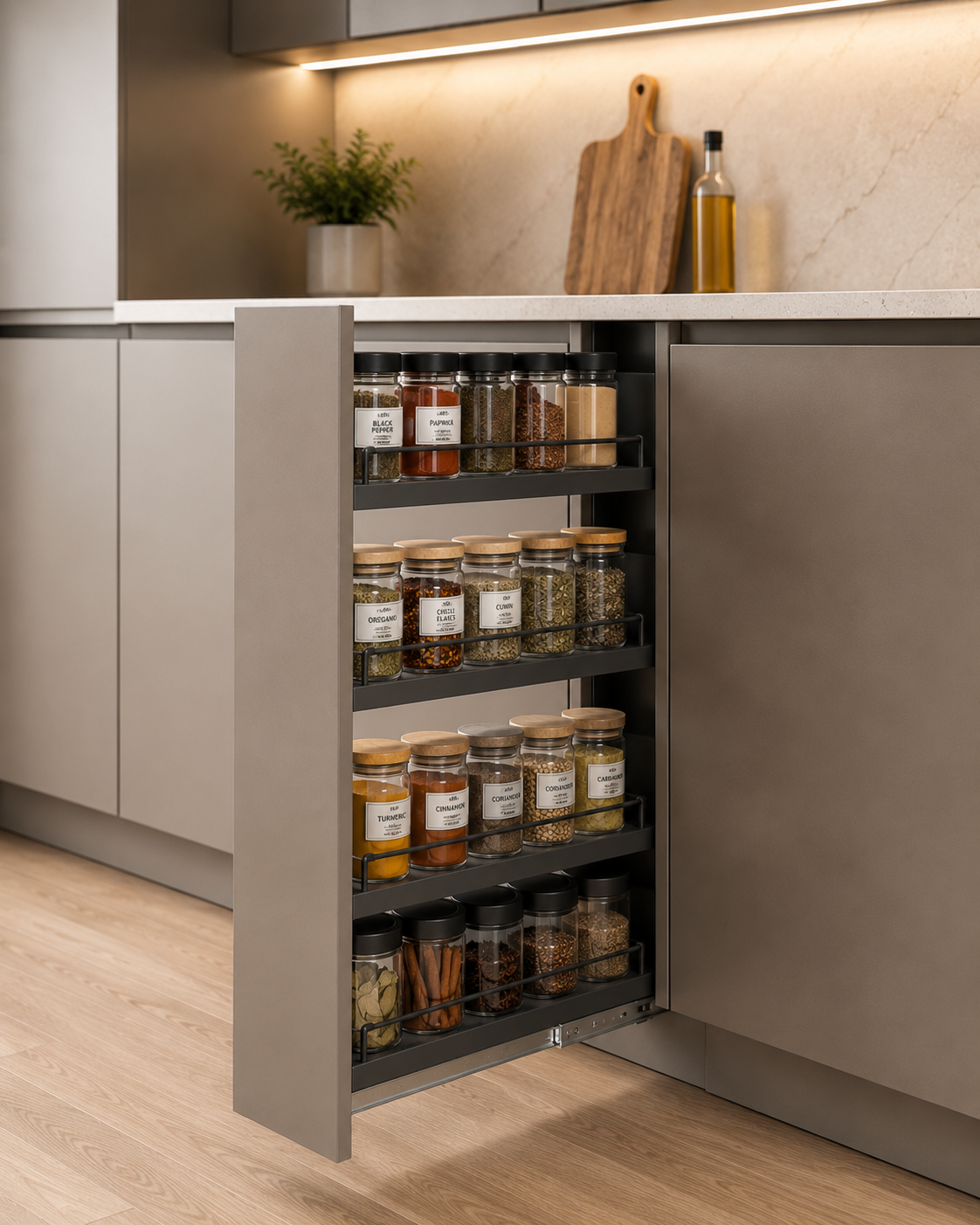 Narrow spice pull-out rack between kitchen cabinets Malaysia