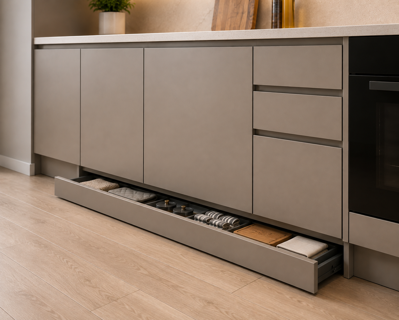 Toe-kick drawer pulled open at base of kitchen cabinets
