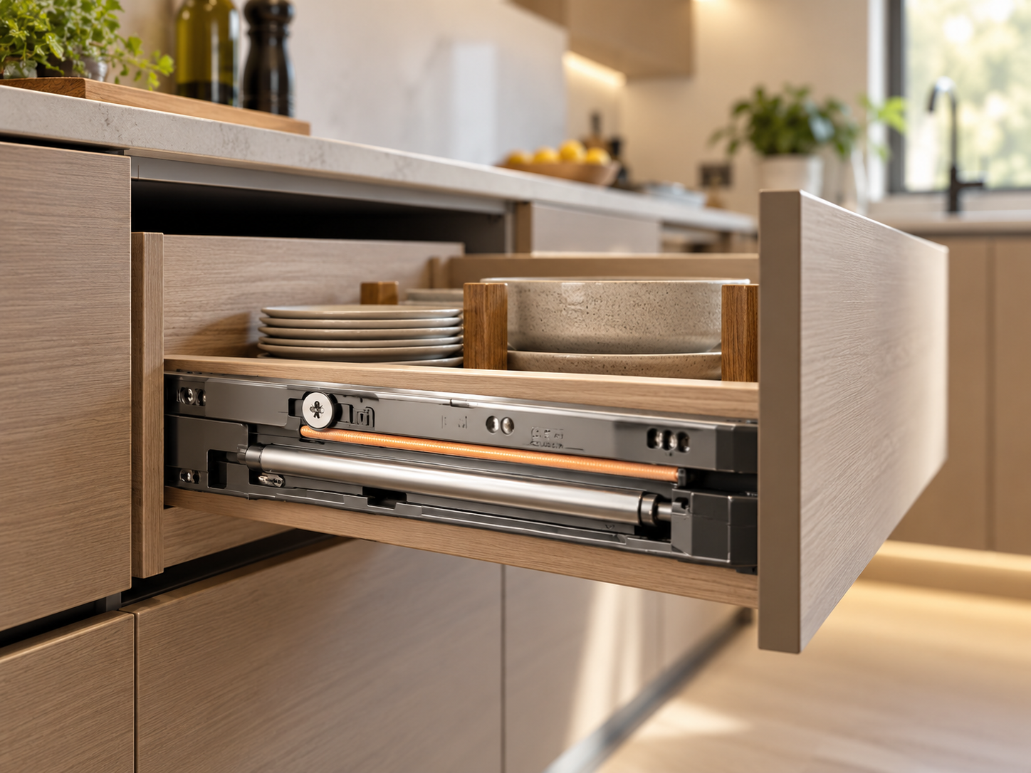 Full extension drawer runner open showing complete depth accessible Malaysia