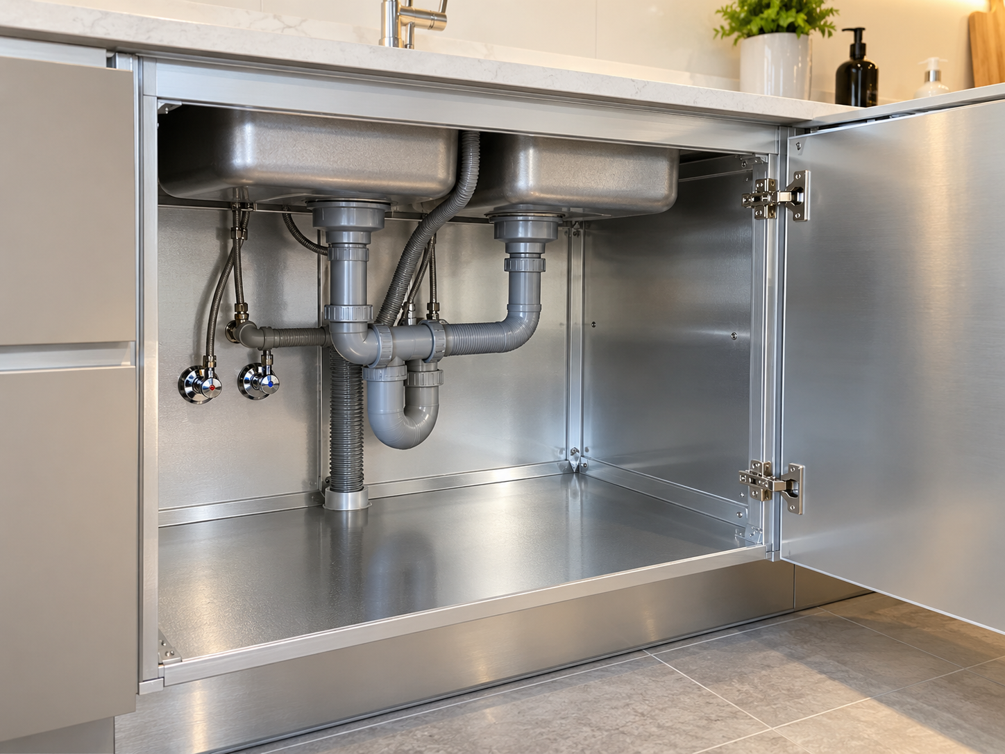 Open aluminium under-sink kitchen cabinet showing metal interior and plumbing