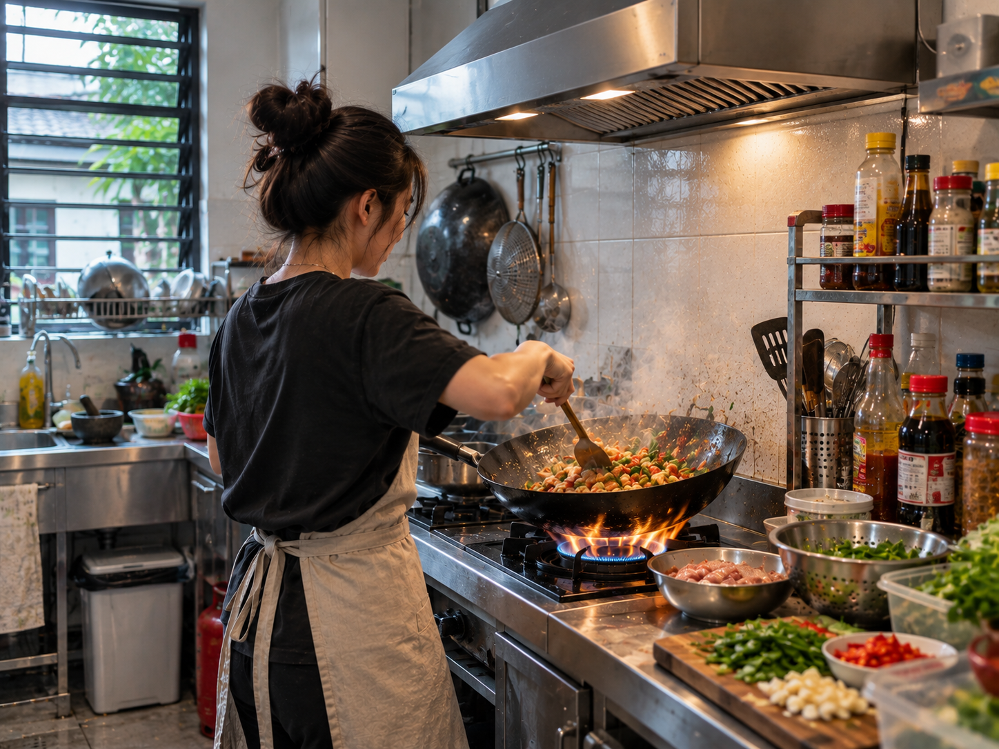 Daily heavy cook Malaysian kitchen wok cooking organised storage