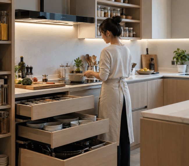 modern kitchen cooking with organized drawers