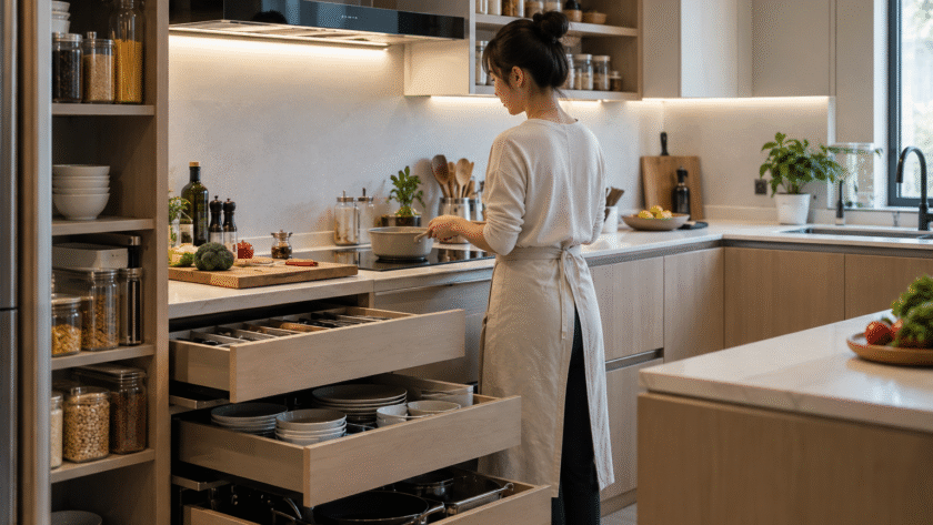 modern kitchen cooking with organized drawers