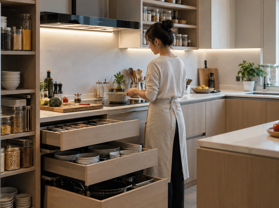 modern kitchen cooking with organized drawers