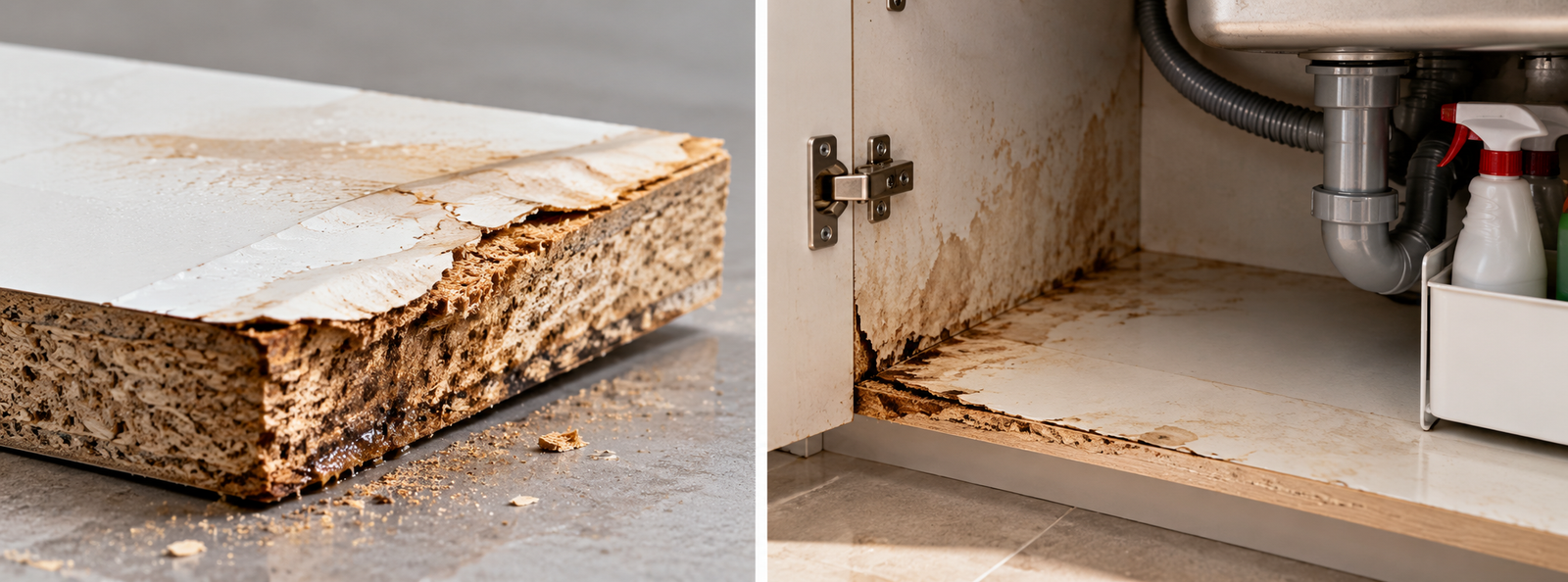 Particle board with swelling and moisture damage to the exposed chipboard edge
