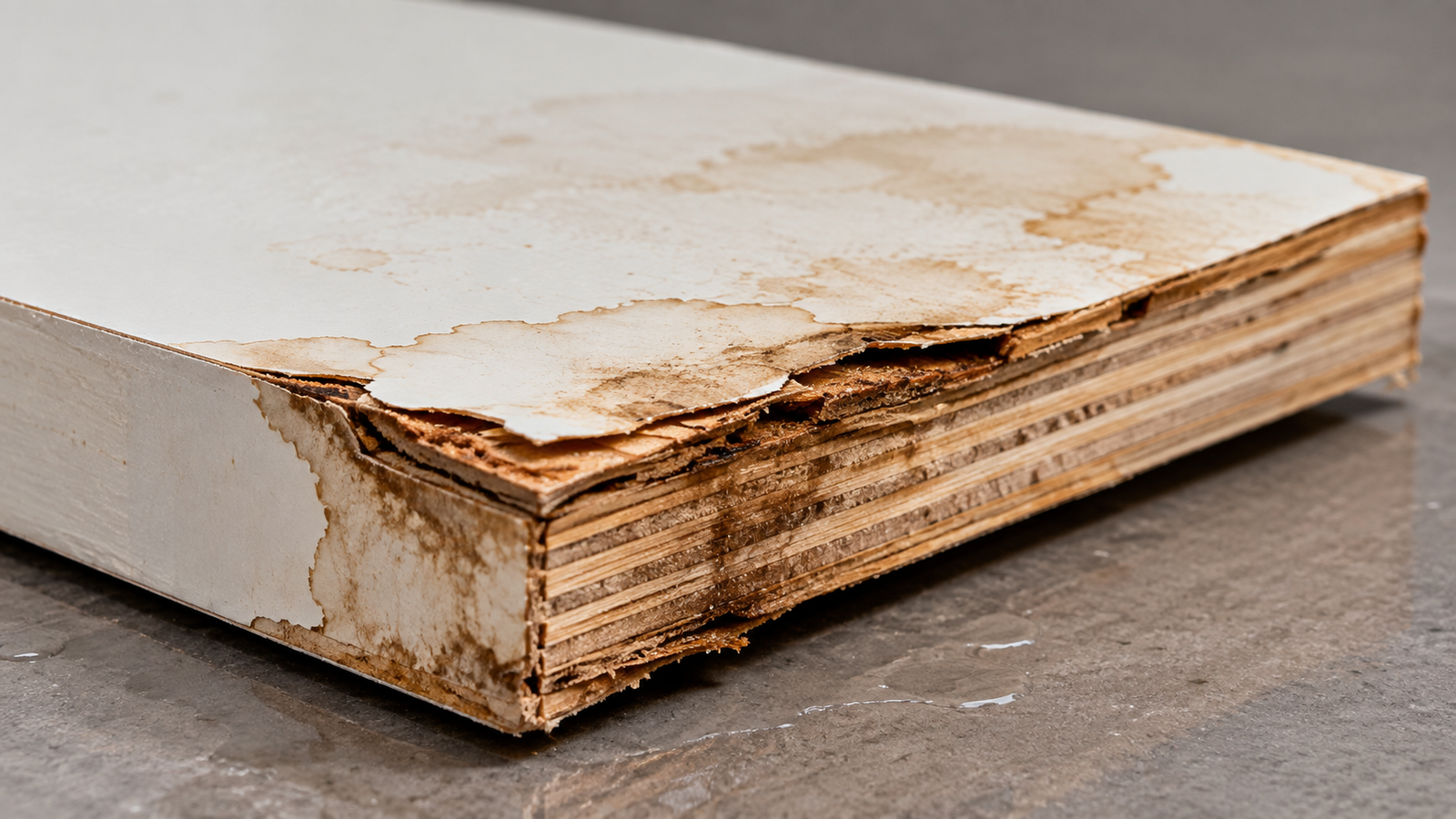 Standard plywood (non-MR grade) showing veneer layers and water-related delamination
