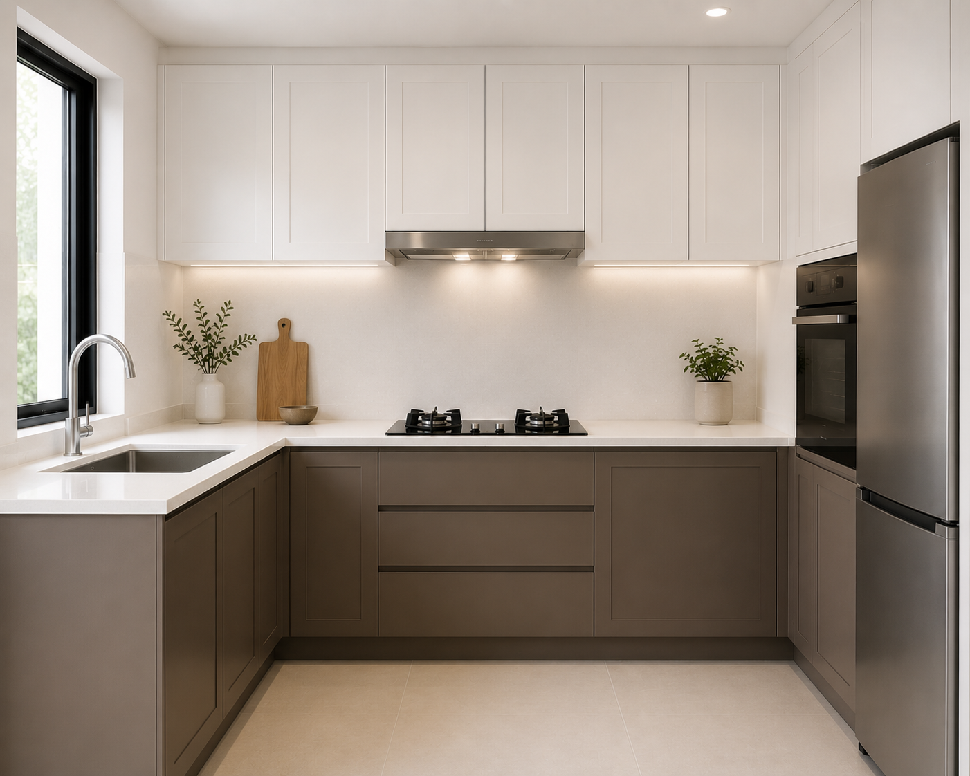 Two tone kitchen cabinets white upper grey lower Malaysia