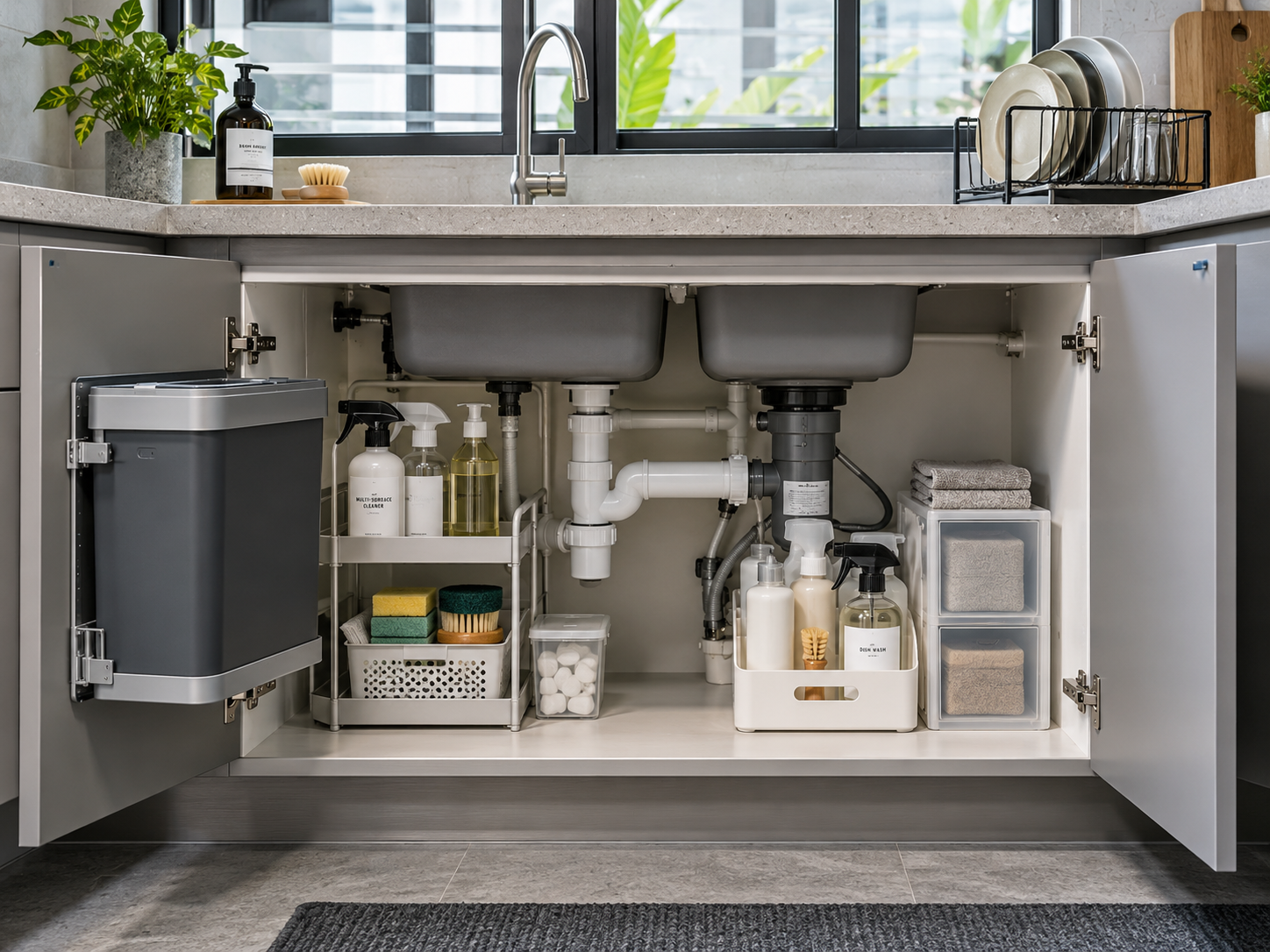 Well-organised under-sink cabinet in a Malaysian wet kitchen with cleaning supplies and a pull-out bin