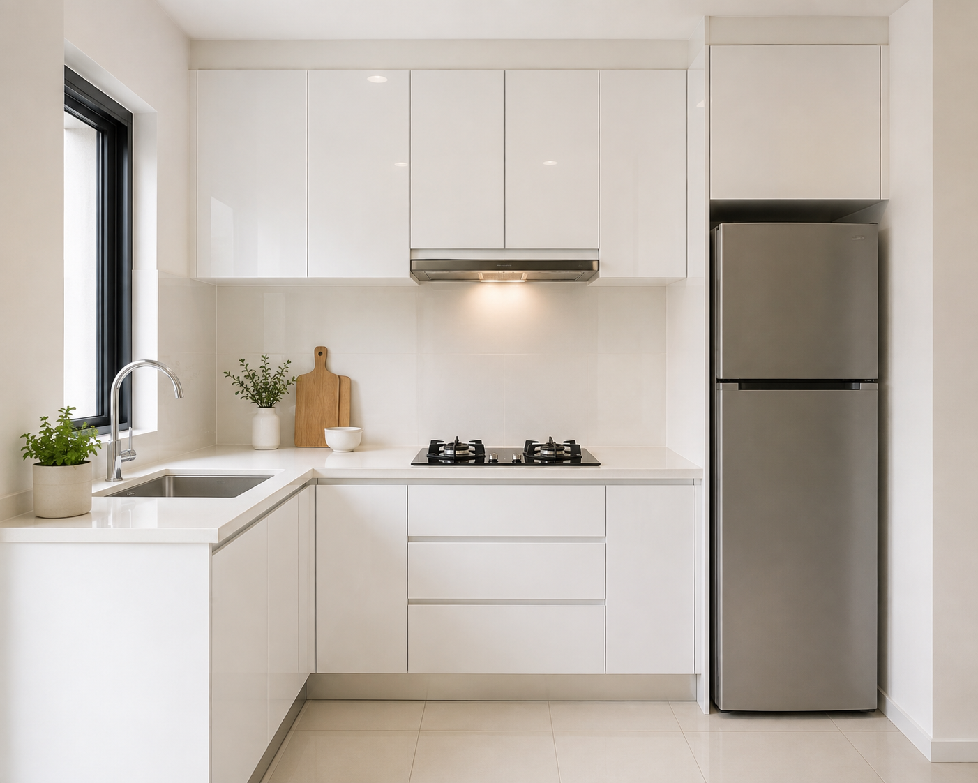 White gloss kitchen cabinet small Malaysian kitchen