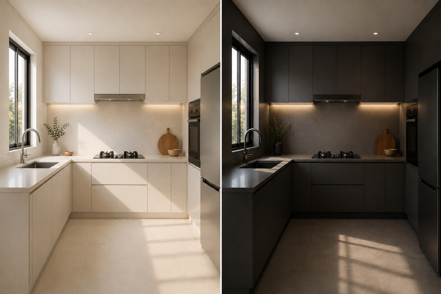Light vs dark kitchen cabinet colour comparison Malaysia