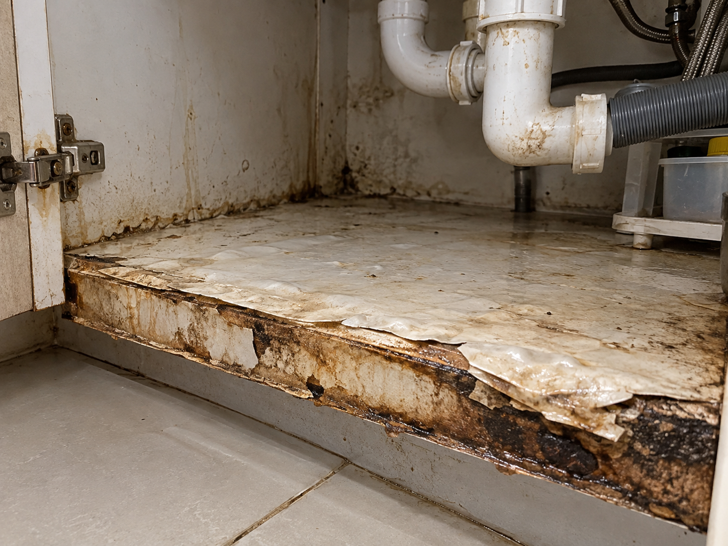 Under-sink cabinet base damaged by moisture with swelling and water staining