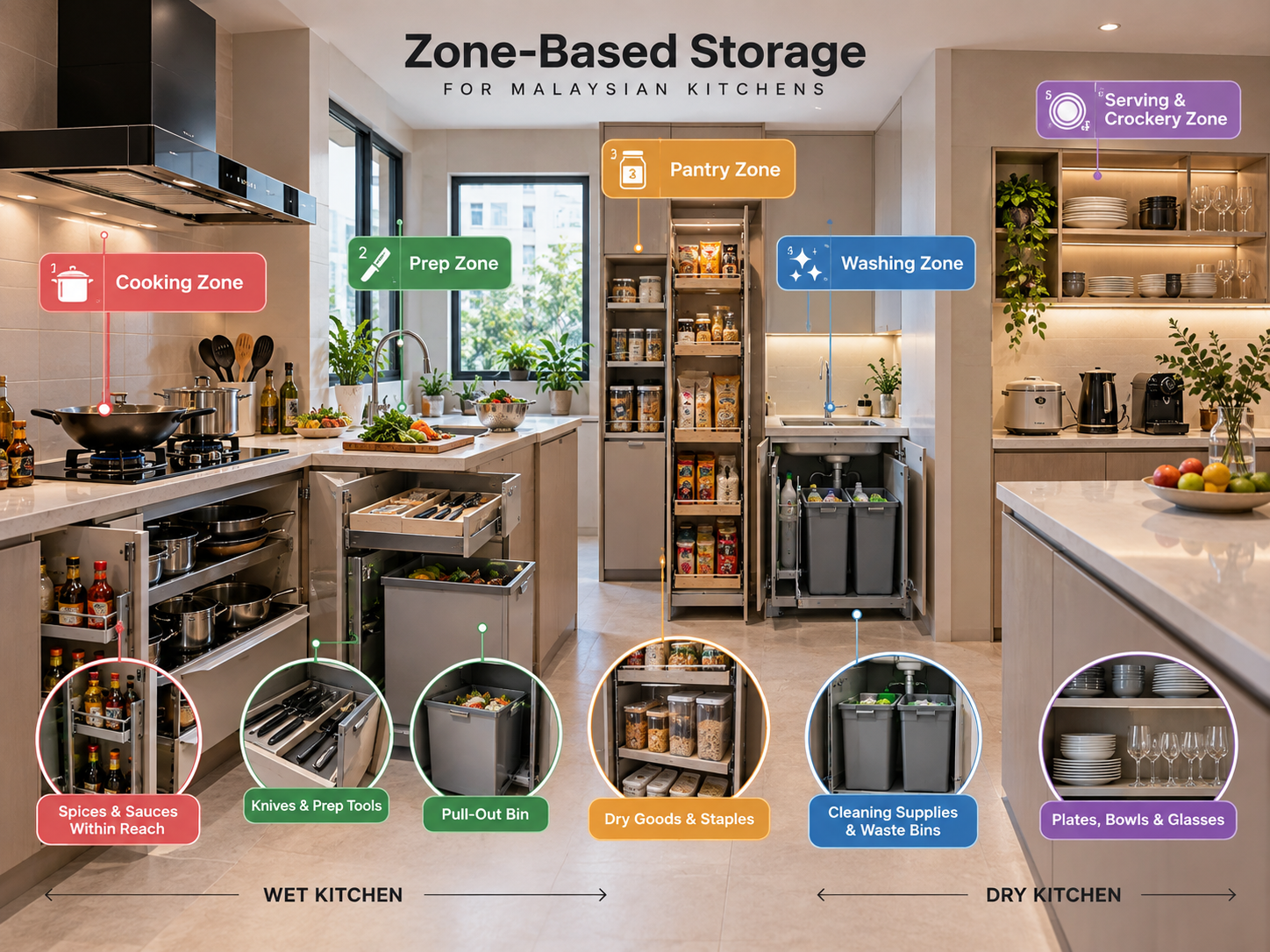 Zone-based kitchen storage layout Malaysia wet dry kitchen