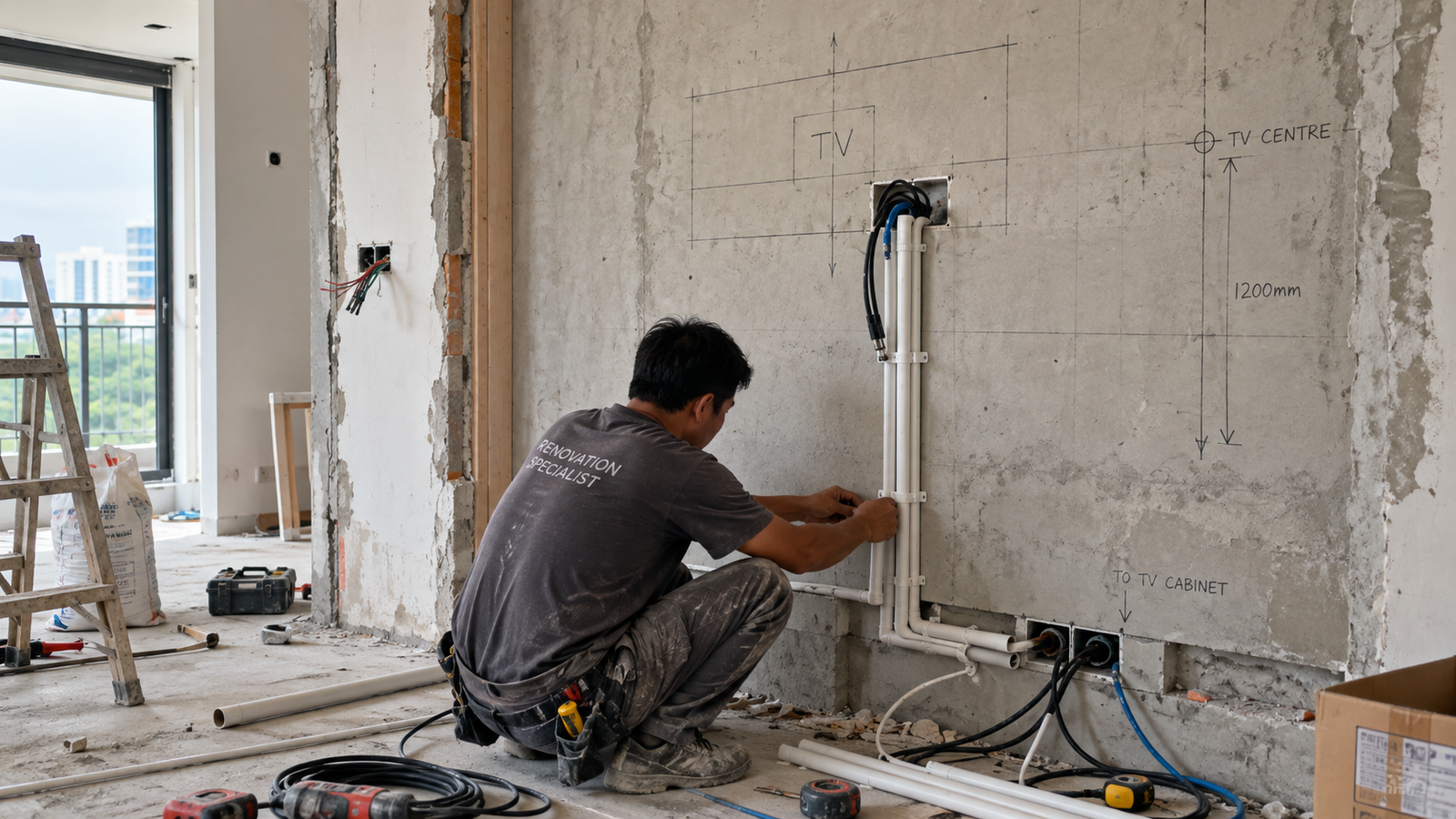 Concealed cable management behind TV panel during renovation Malaysia