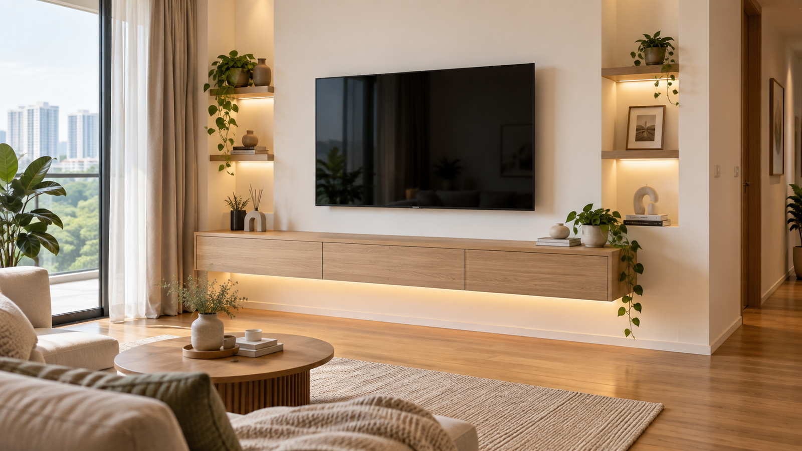 Floating wall-mounted TV console Malaysia condo living room