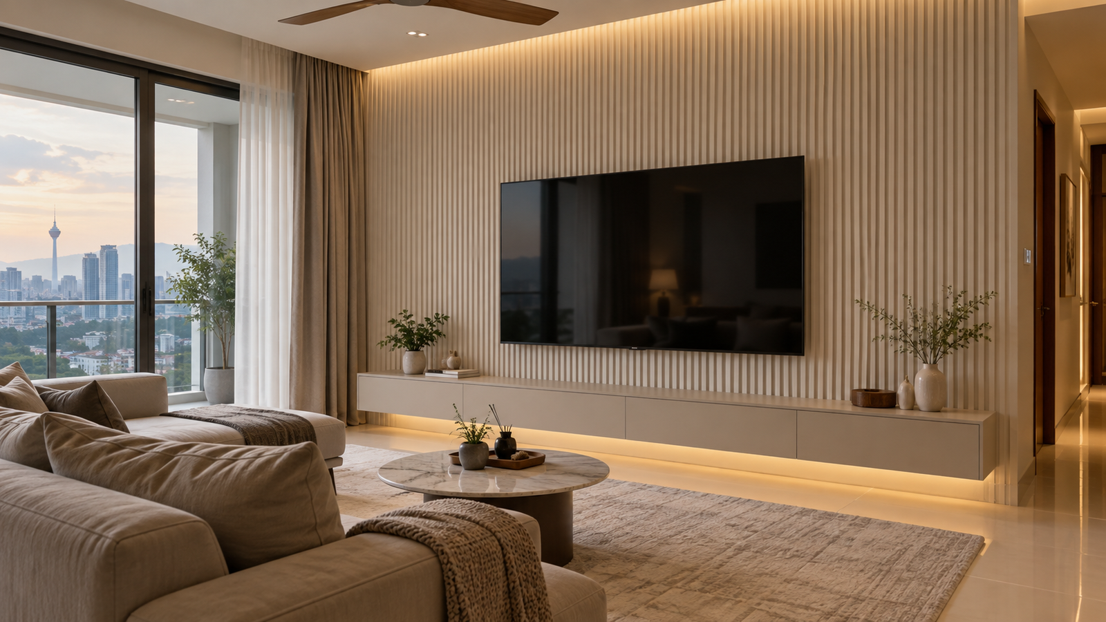 Fluted panel TV feature wall Malaysia living room ribbed texture
