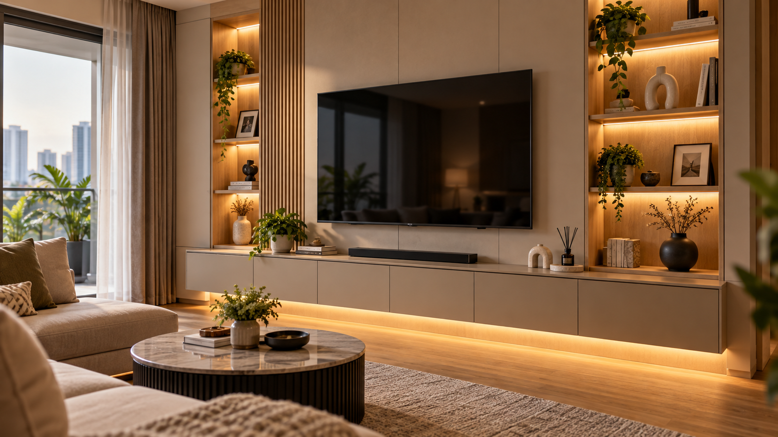 Full wall TV feature wall with open and closed storage Malaysia