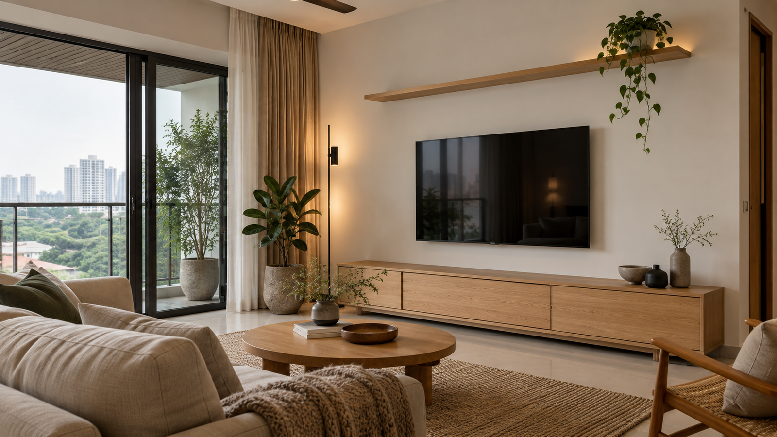Japandi low TV console warm timber tones Malaysia living room