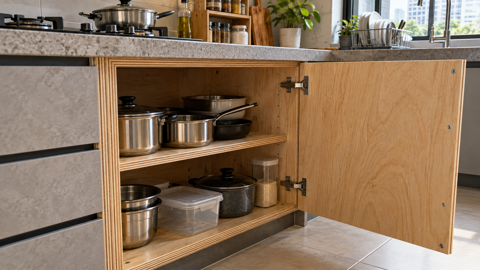 Plywood sheet detail showing grain layers and surface quality for kitchen cabinet Malaysia