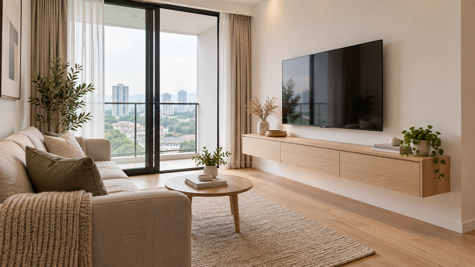 Condo living room floating TV console Malaysia compact design
